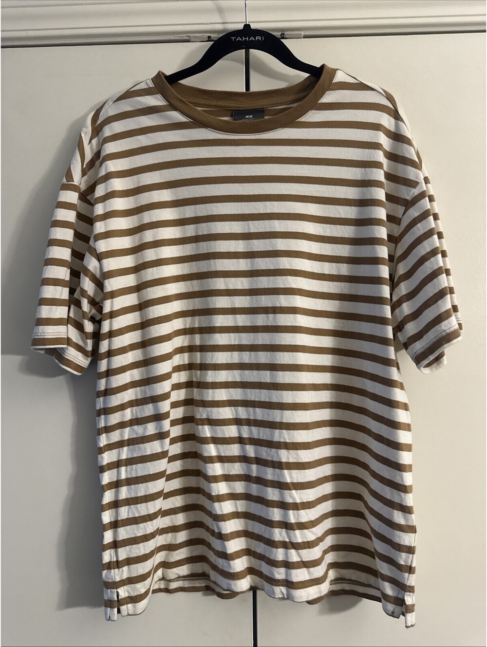 H&M Men's Relaxed Fit Heavyweight Striped T-Shirt Brown White Crew Neck Size M